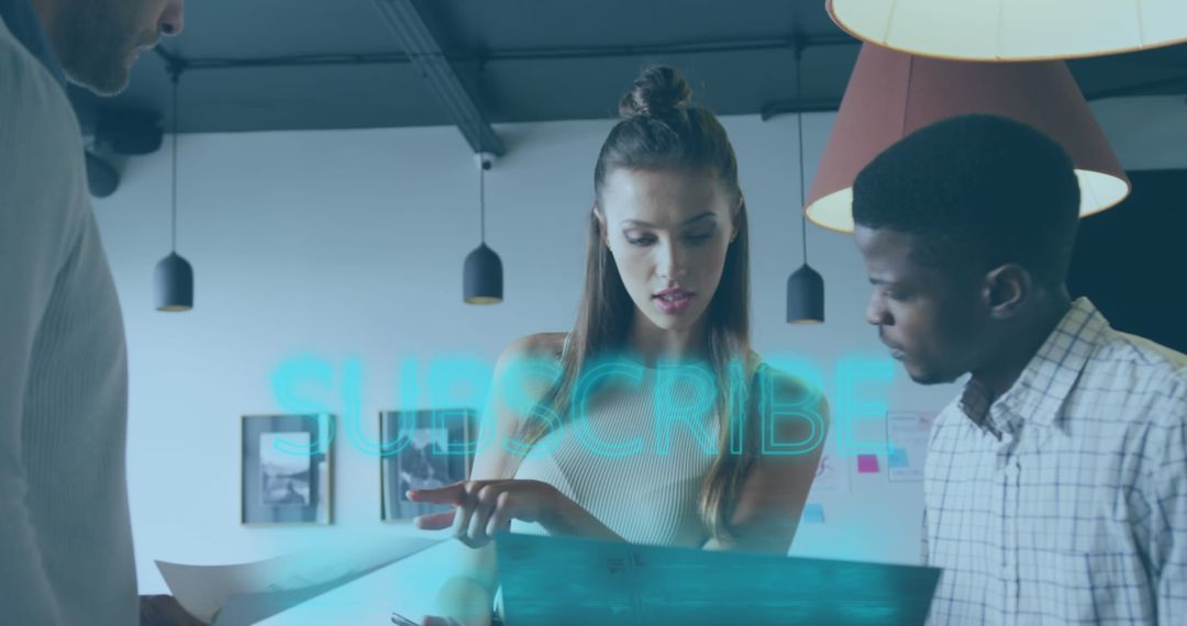 Modern Team Collaborating in Office with Subscribe Visual Overlay