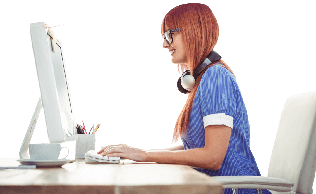 Smiling Hipster Woman Typing at Workstation with Transparent Background