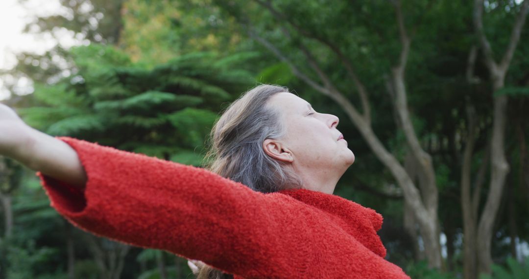 Woman Enjoying Nature with Outstretched Arms in Forest - Free Images, Stock Photos and Pictures on Pikwizard.com