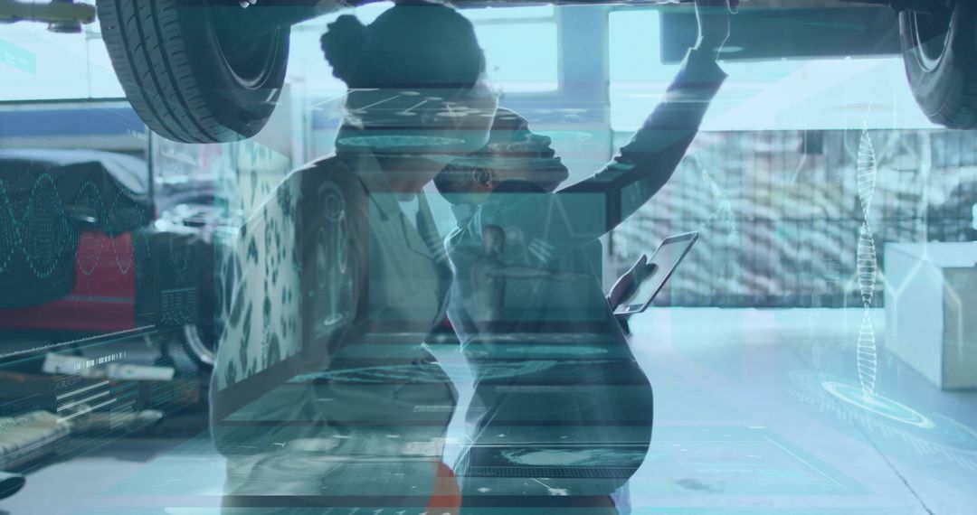 Pregnant mechanic and co-worker checking car on lift with tablet and holographic display