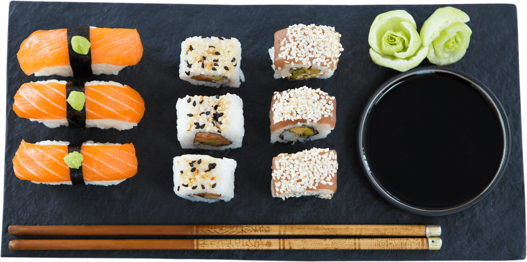 Transparent Presentation of Sushi Platter with Assorted Rolls