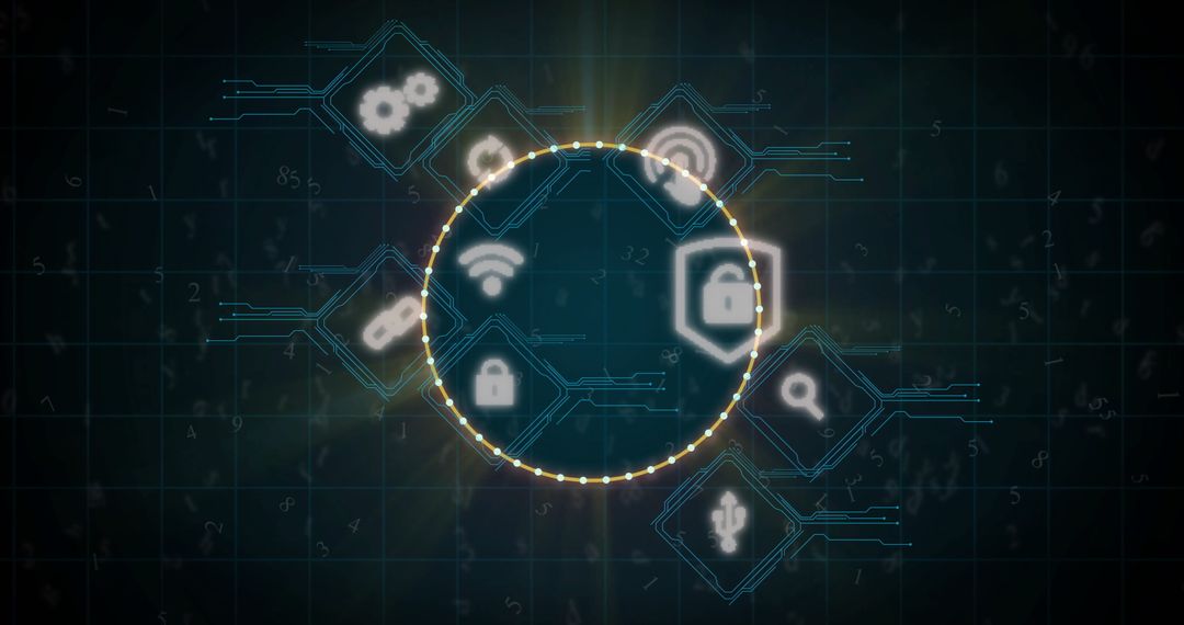 Digital Cybersecurity Network Interface with Hexagonal Icons