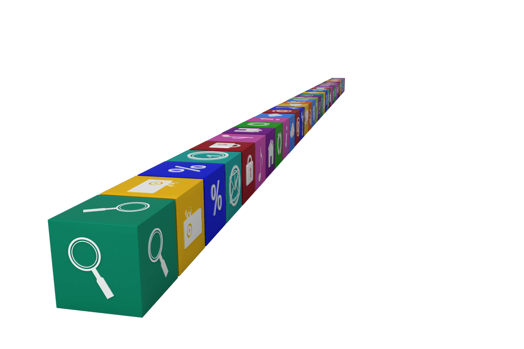 Colorful Cubes with Icon Symbols on Transparent Background