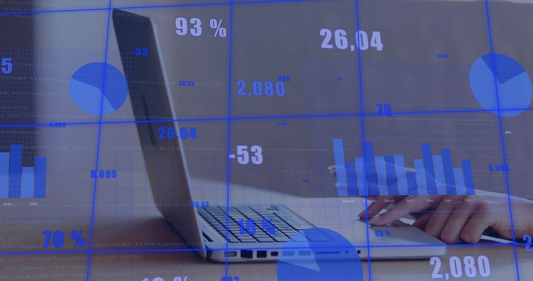 Typing businesswoman on laptop with blue analytics overlays, charts, graphs, dashboard visualization