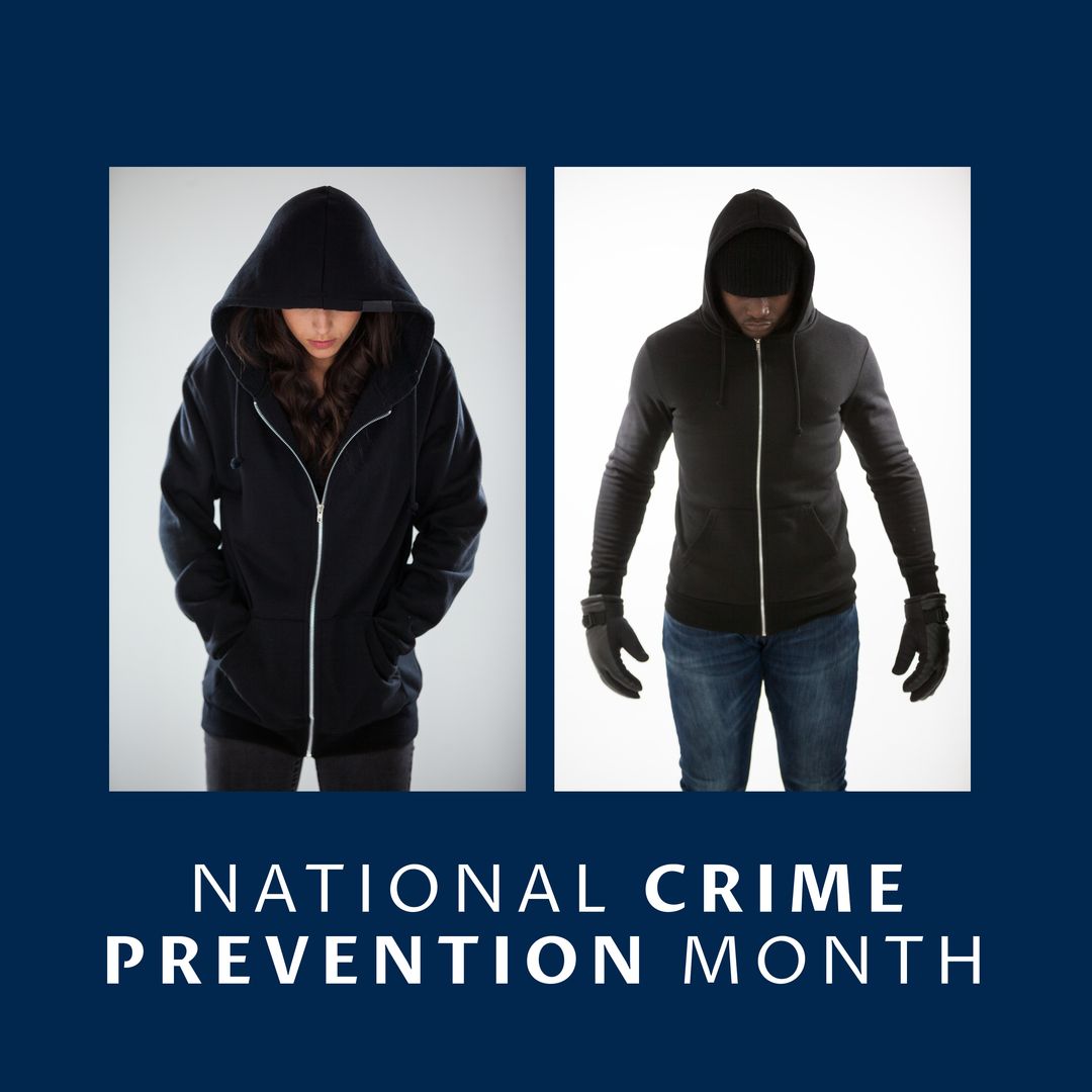 Collage of multiracial male, female burglars wearing black hood and national crime prevention month - Download Free Stock Templates Pikwizard.com