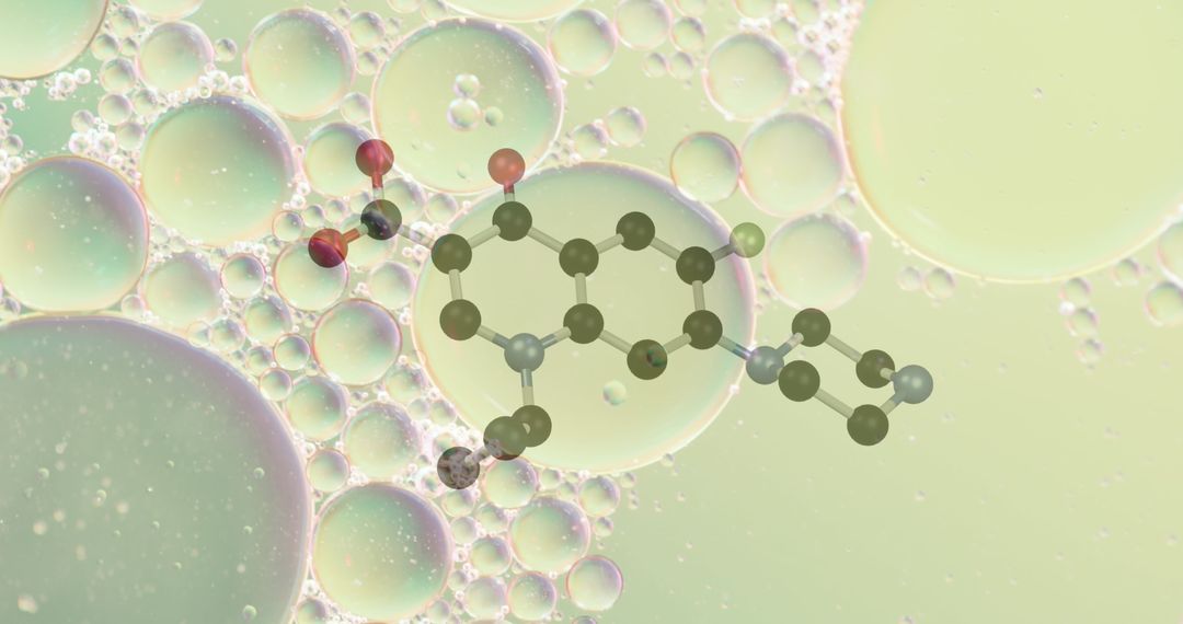 Chemical Structure Overlay on Fluid Bubbles with Abstract Green Background