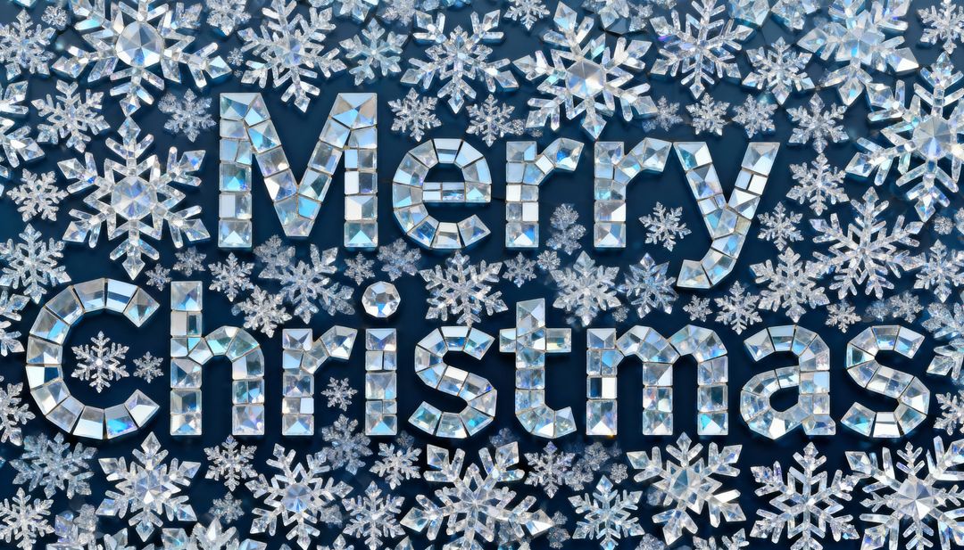 Mirrored Mosaic Merry Christmas Typography with Sparkling Crystal Snowflakes on Navy