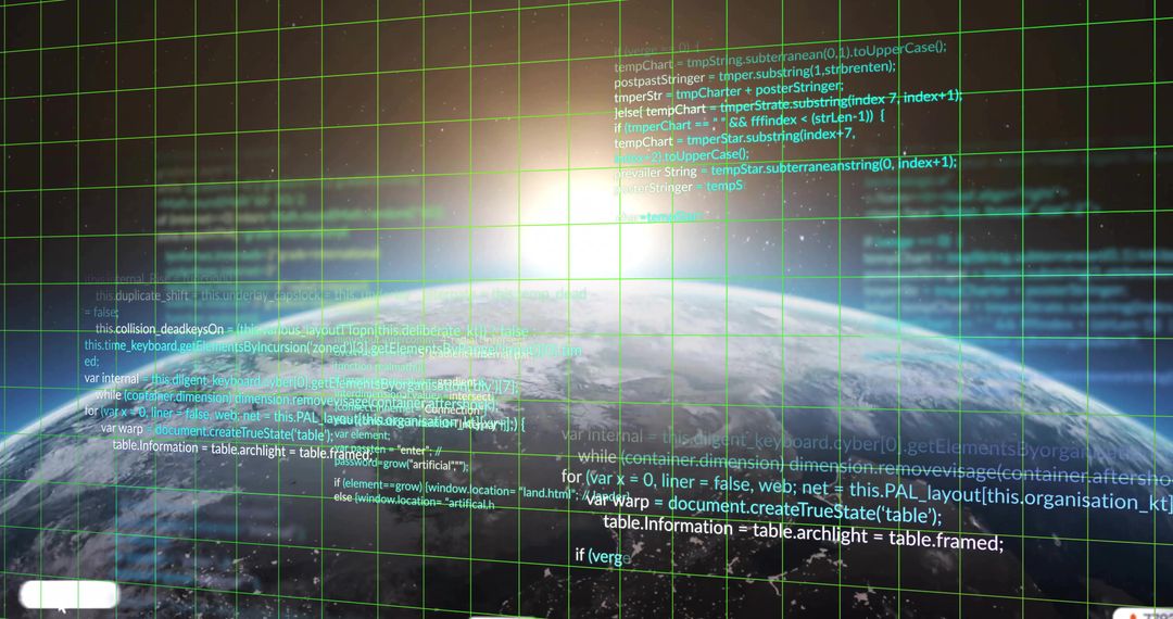 Digital Grid Over Earth with Code and Compelling Sunrise
