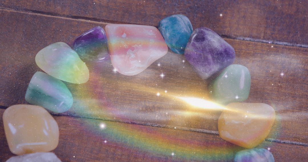 Glittering Stones with Celestial Glow on Wooden Surface