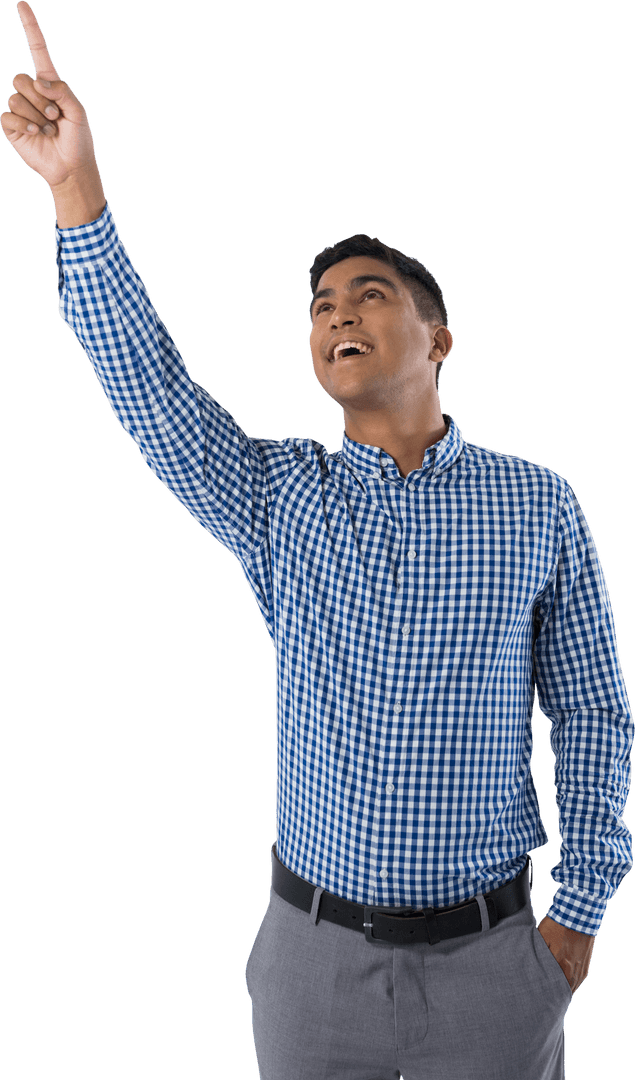 Smiling Biracial Businessman Pointing Upward on Transparent Background