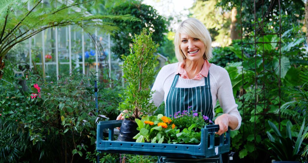 Happy Female Gardener Carrying Flower Tray in Greenhouse - Free Images, Stock Photos and Pictures on Pikwizard.com