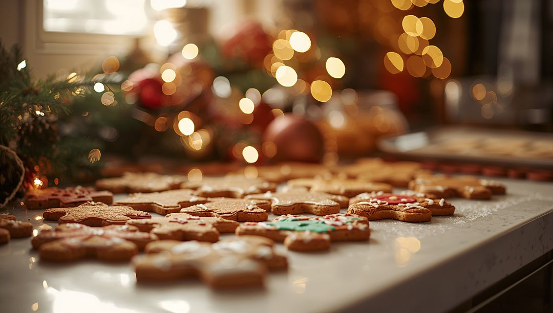 Warm holiday kitchen scene with decorated gingerbread cookies on counter and bokeh lights