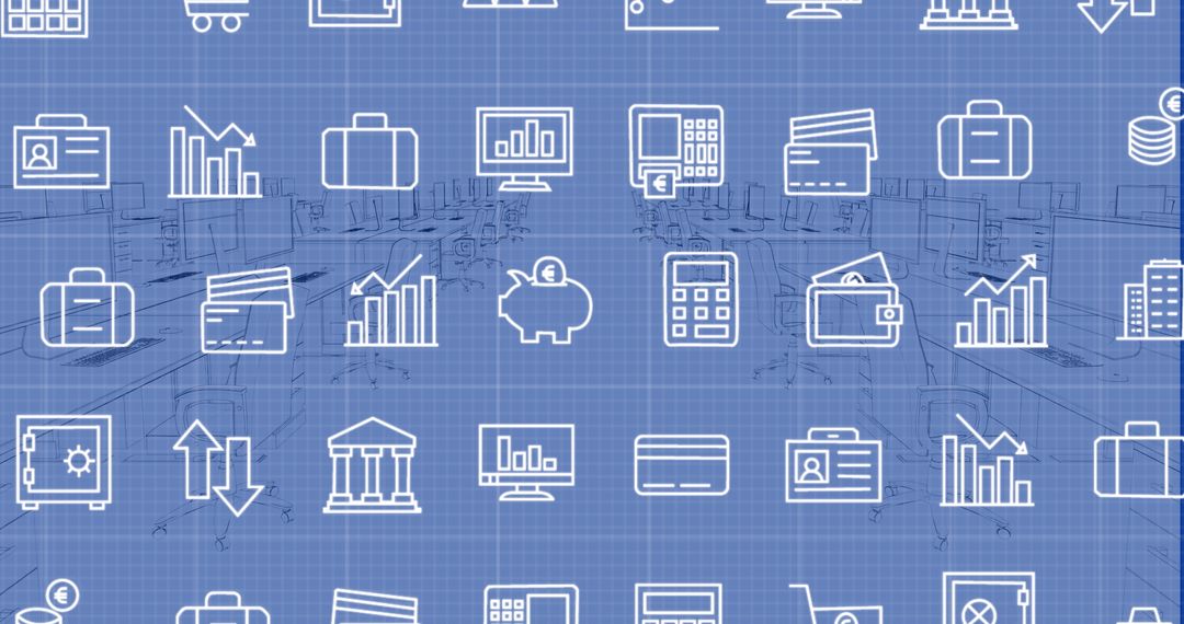 Finance and Office Technology Icons Grid Over Modern Office Background - Free Images, Stock Photos and Pictures on Pikwizard.com