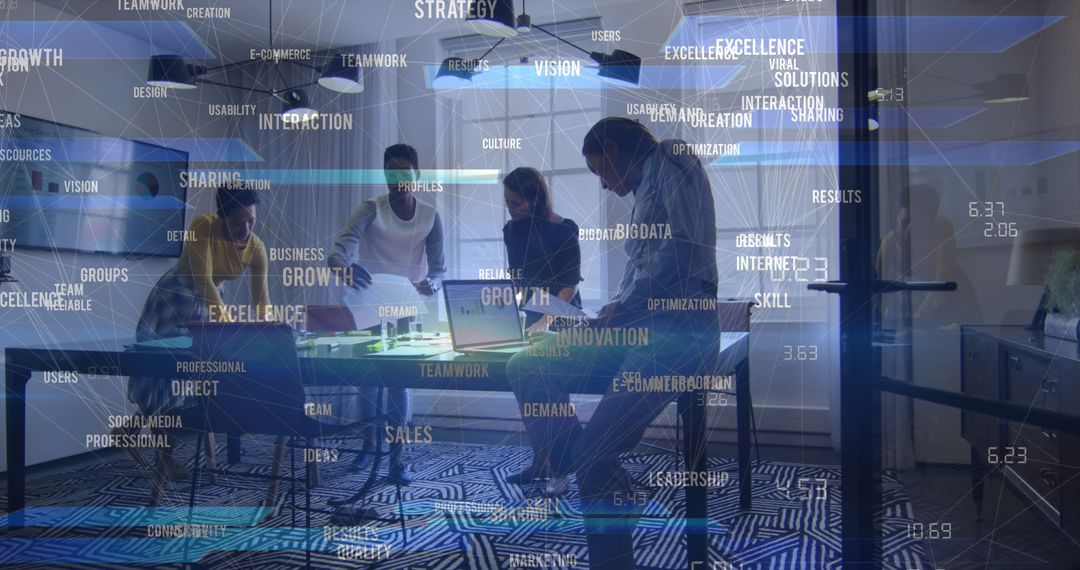 Diverse Team Engaged in Strategic Planning with Digital Overlay