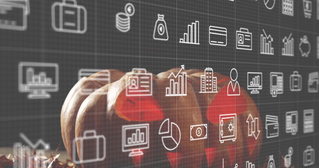 Small pumpkins blending with digital finance icons overlay for autumn business concept