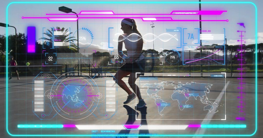 Tennis Player with Futuristic Holographic Overlay Swinging Racket