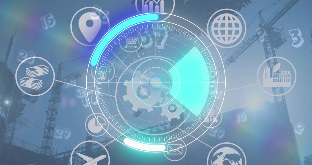 Digital Interface Display with Icons and Construction Site Backdrop