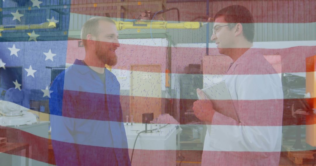 USA Flag Overlay on Conversation Between Engineers