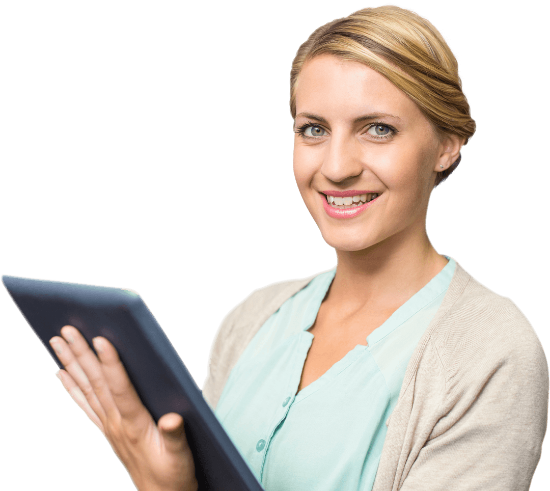 Transparent Confident Teacher Holding Tablet Smiling