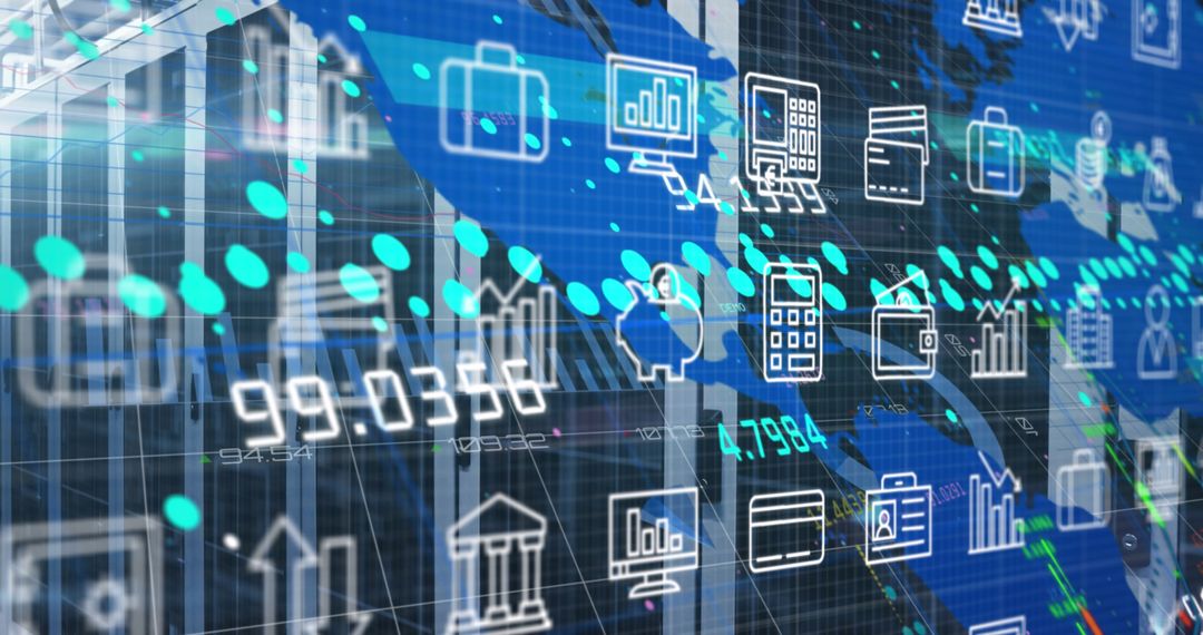 Digital Interface Overlay on Technology Background with Business Icons