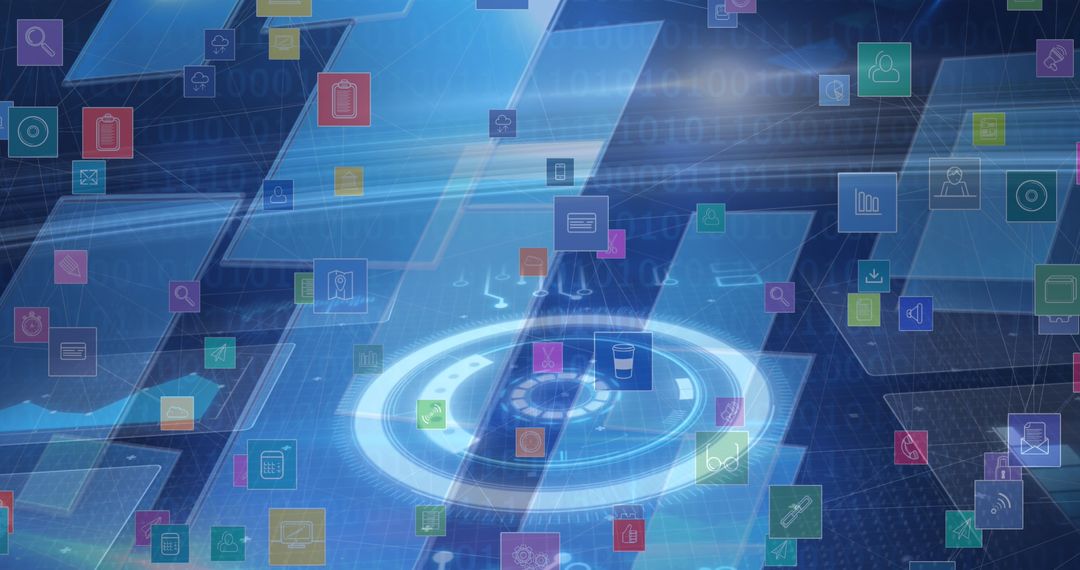 Colorful Digital Icons Overlapping Blue Interface Background