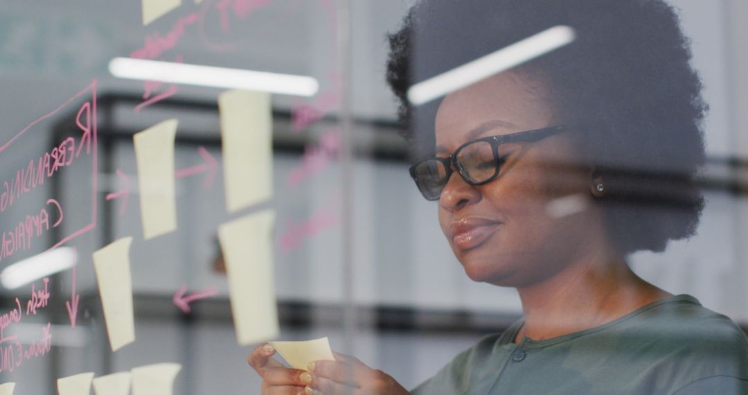 African American Businesswoman Strategizing with Sticky Notes on Glass Wall - Free Images, Stock Photos and Pictures on Pikwizard.com