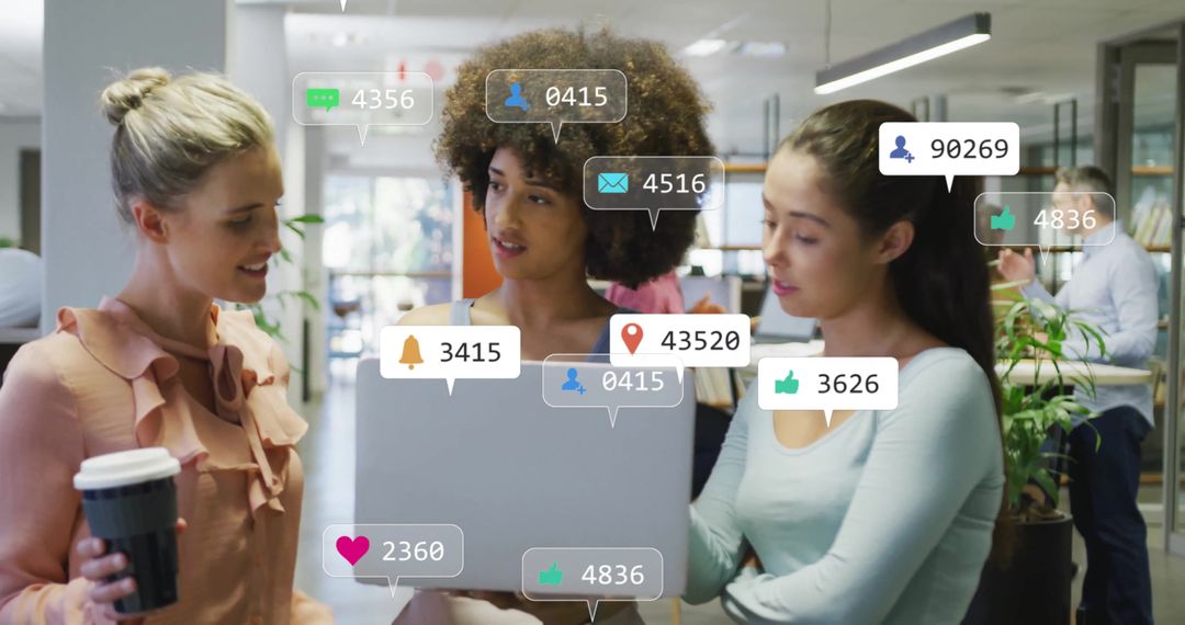 Diverse Businesswomen Discussing with Social Metrics Overlay