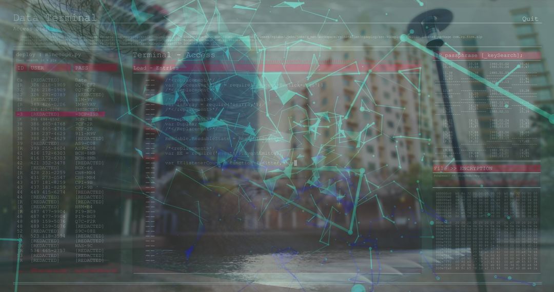 Digital Network Overlay on Urban Skyline Representing Cybersecurity