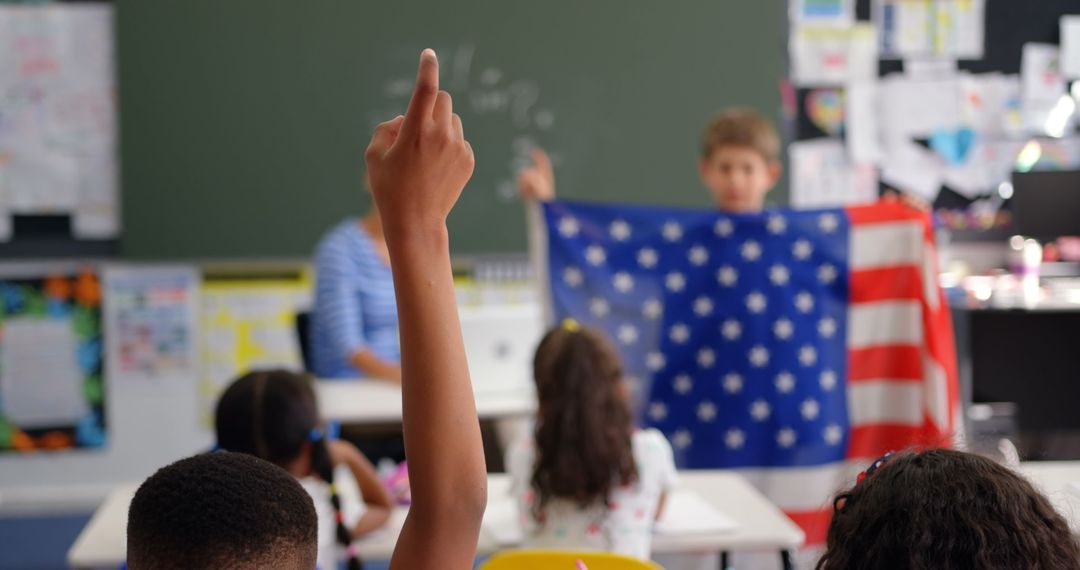 Students Learning About American Flag in Multicultural Classroom