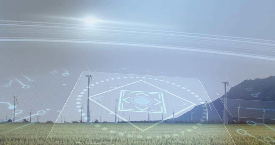 Transparent HUD Overlapping Wind Farm in Mountainous Rural Field