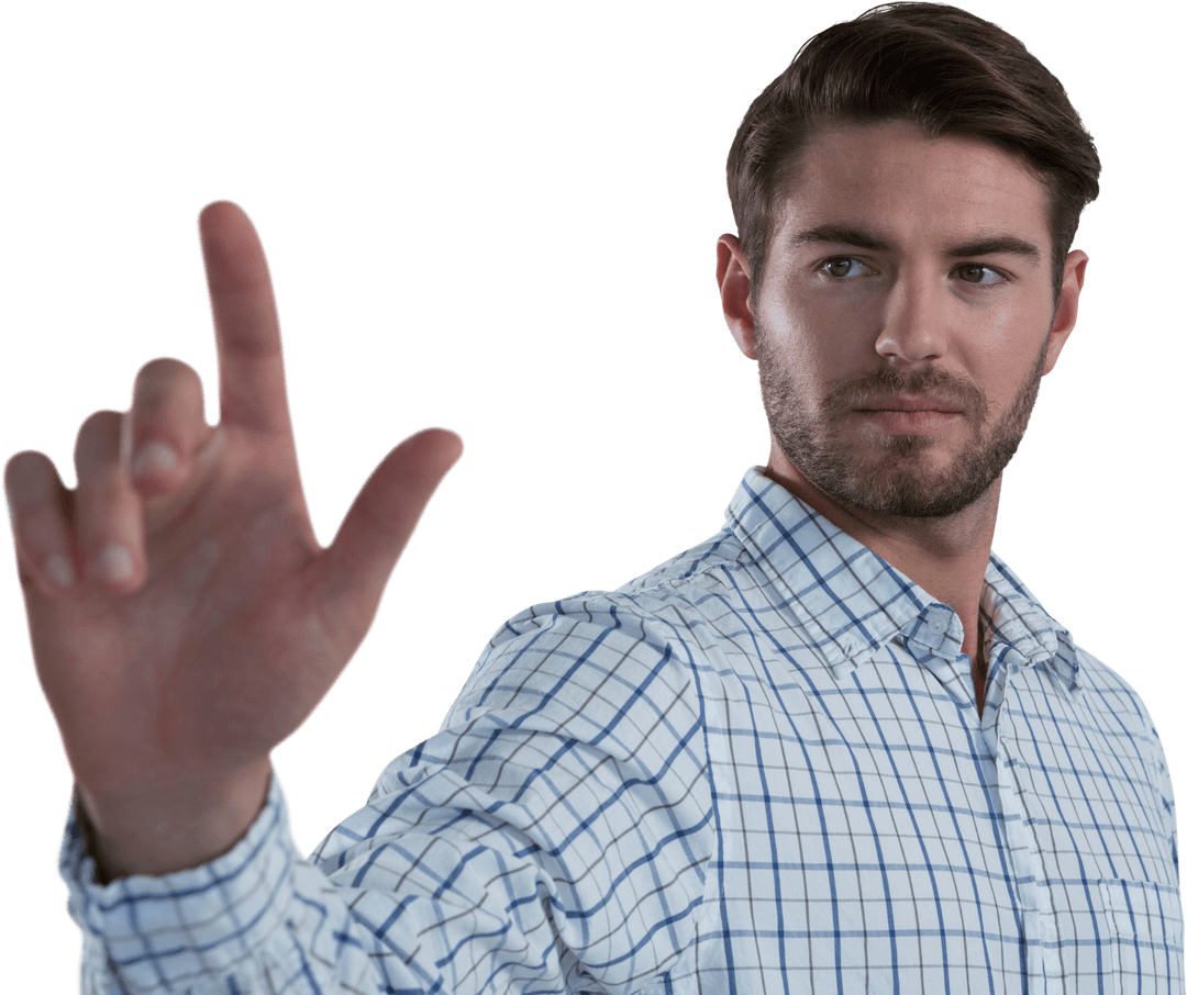 Confident Man in Checkered Shirt Using Transparent Virtual Interface