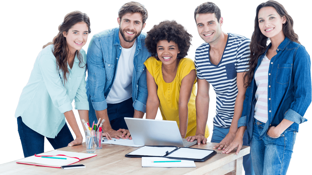 Diverse Team Collaborating with Laptop in Transparent Workspace