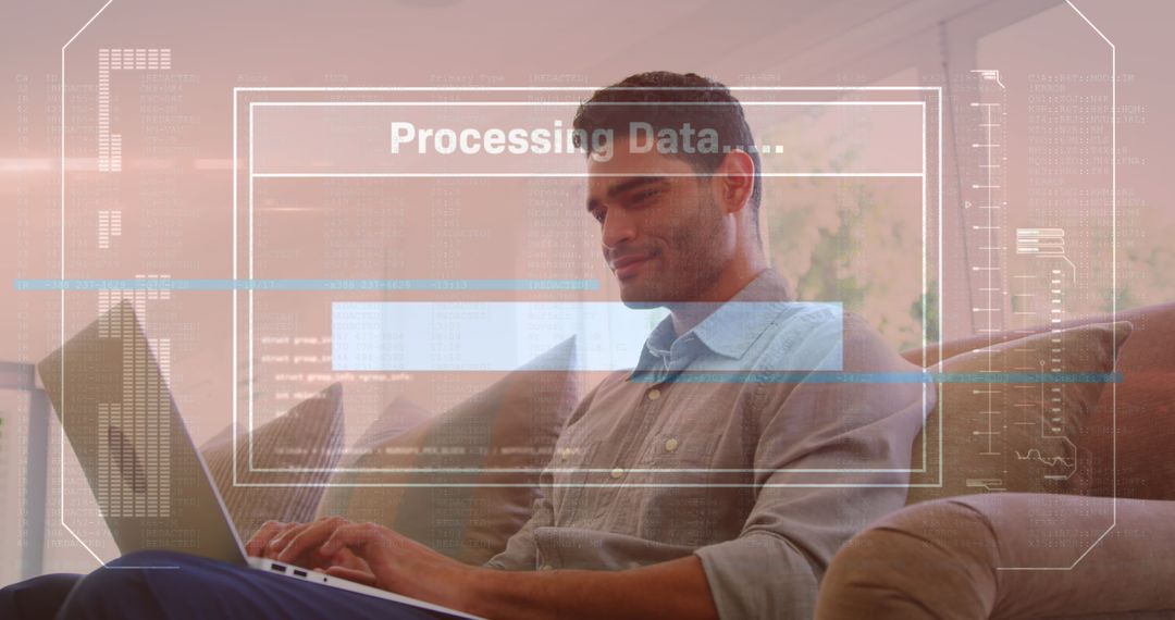 Mixed Race Man Using Laptop with Virtual Data Processing Overlay