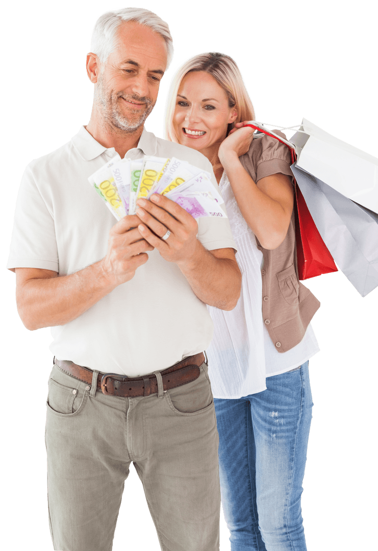 Elderly Couple Counting Cash after Shopping on Transparent Background
