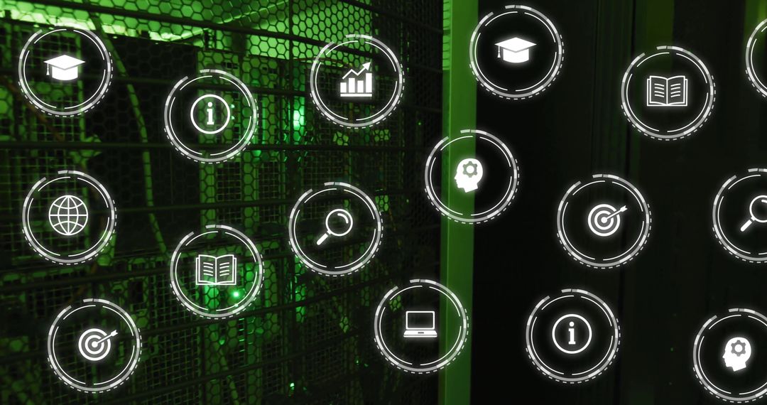 Digital Business Icons Hovering Over Server Room Setup