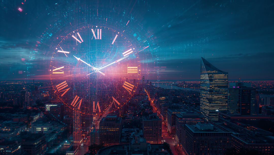 Futuristic Time Concept with Neon Cityscape at Dusk