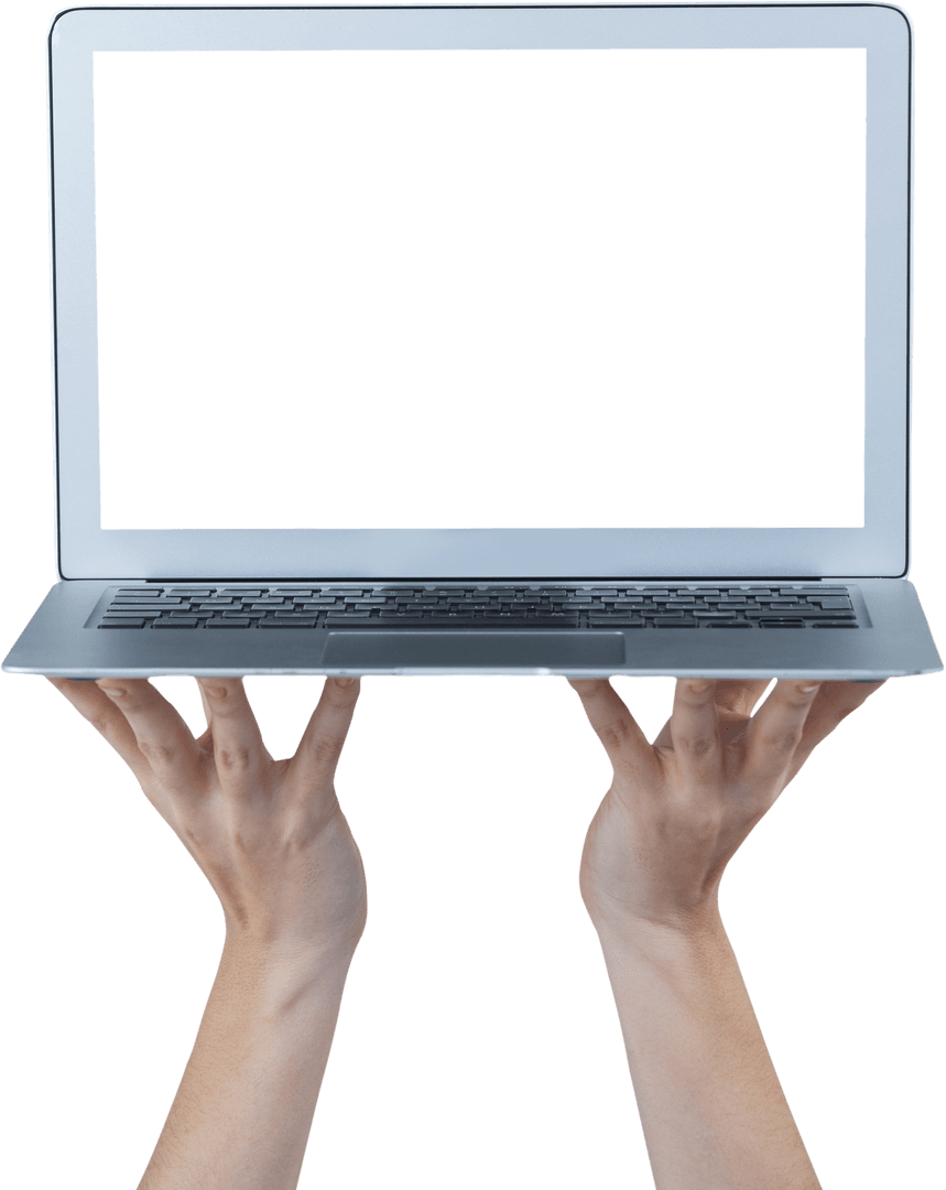 Hands Holding Transparent Modern Laptop Isolated on White