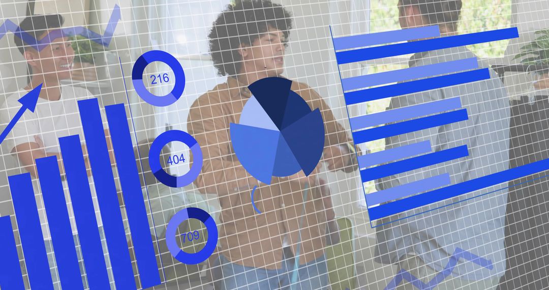 Business team discussing data visualization with blue analytics dashboard overlay