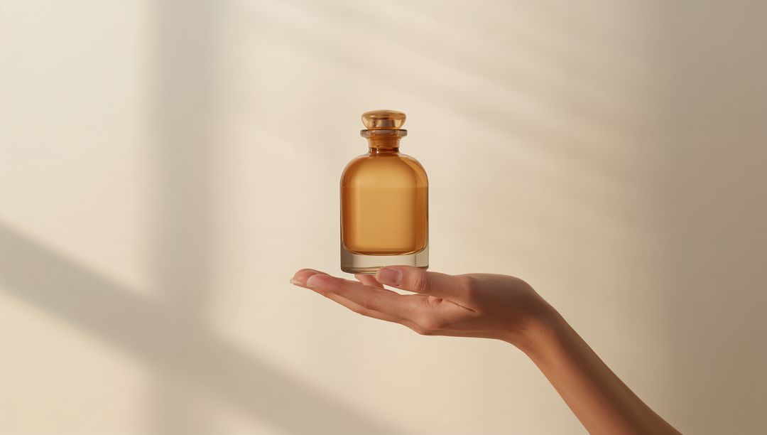 Minimalist Amber Bottle Balancing on Hand for Elegant Display