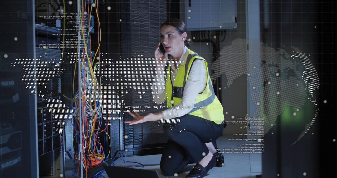 Technician Troubleshooting Cables in Server Room with Digital Overlays