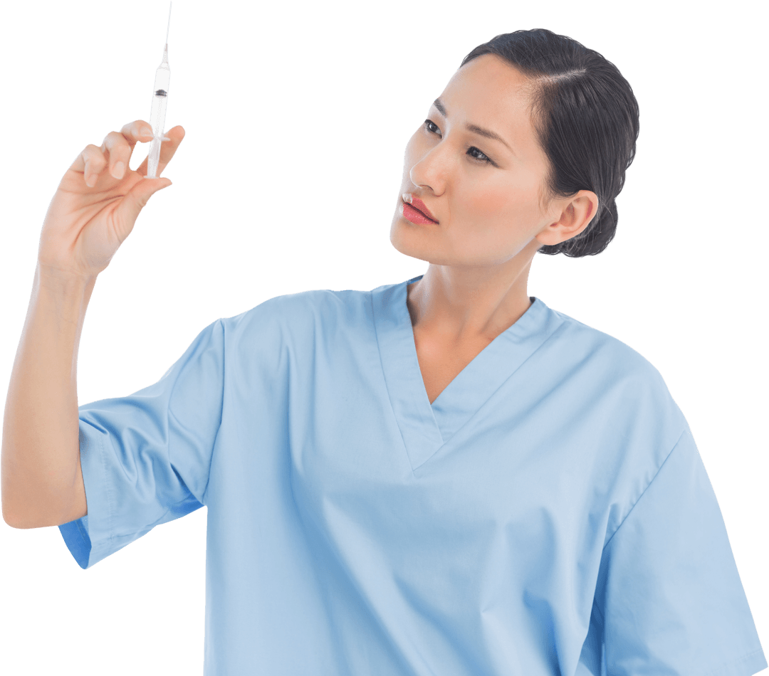 Professional Doctor Examining Syringe on Transparent Background