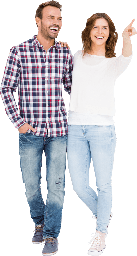 Transparent Couple Smiling and Pointing in Casual Wear