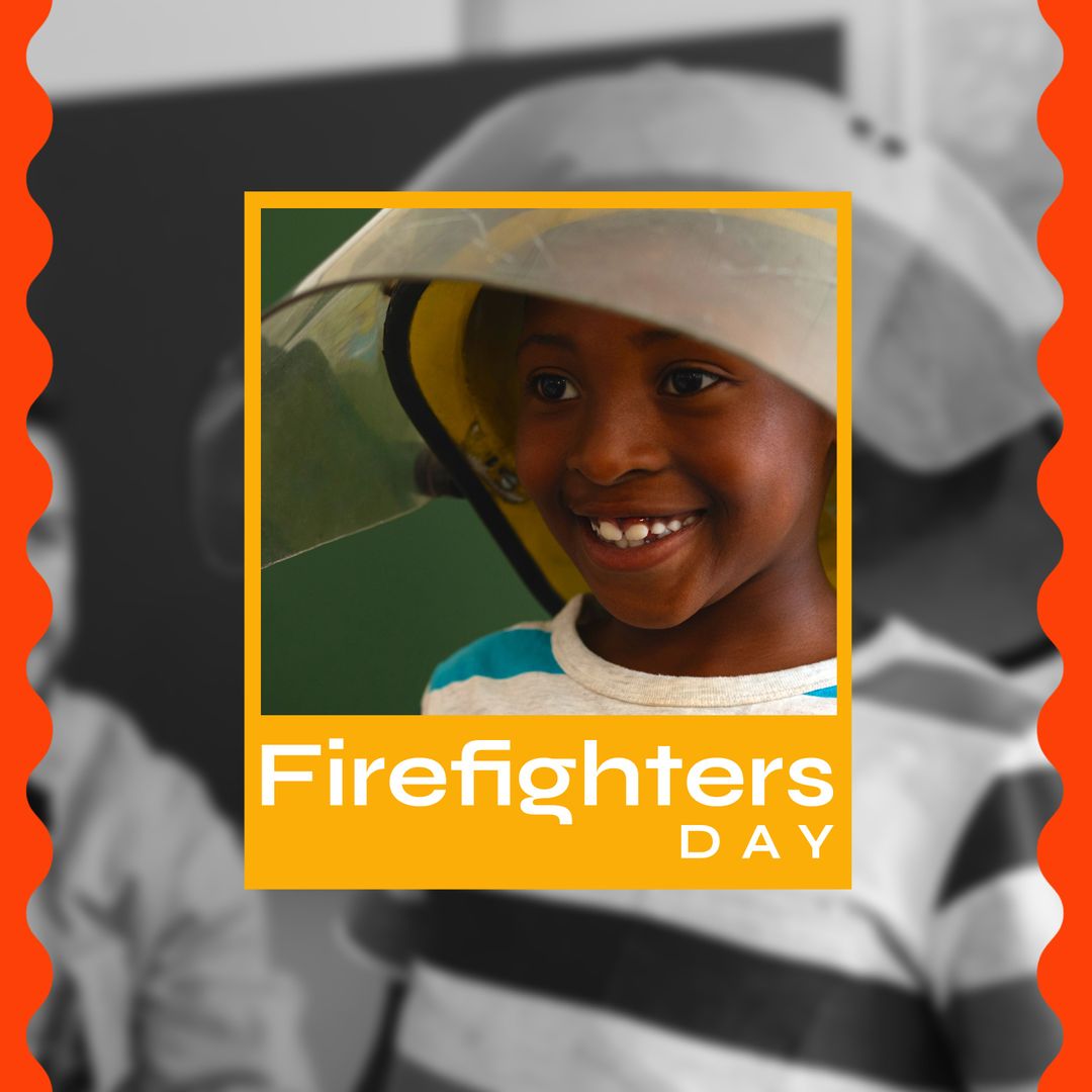 Happy Child Wearing Firefighter Helmet Celebrating Firefighters Day