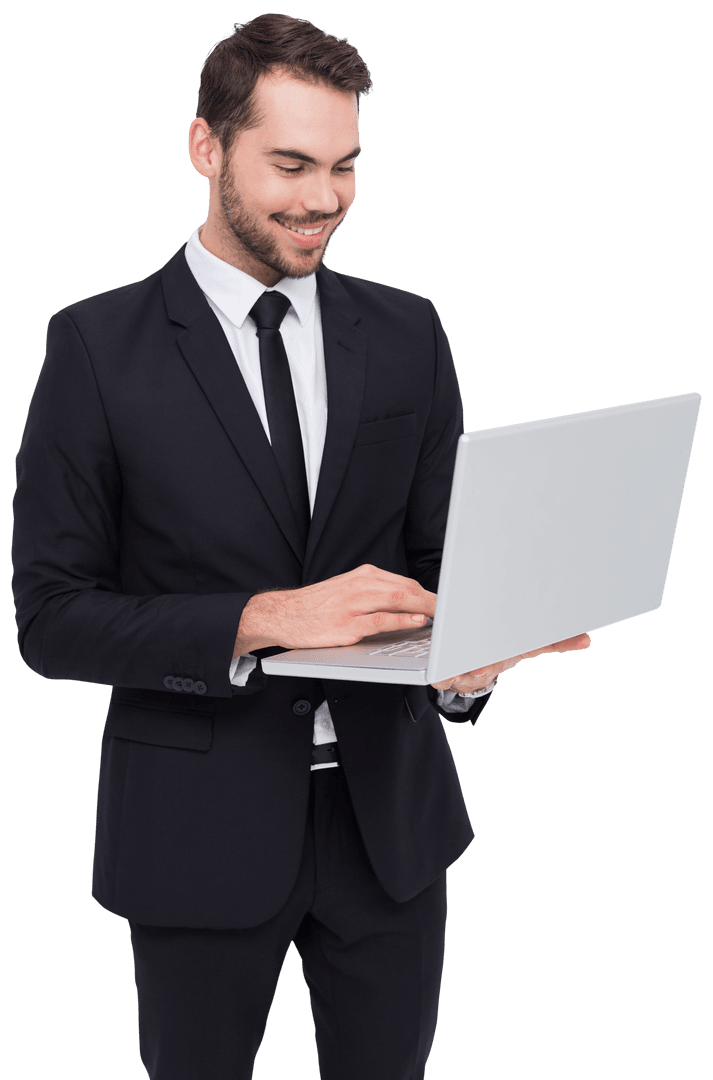 Happy Businessman in Suit Using Laptop on Transparent Background