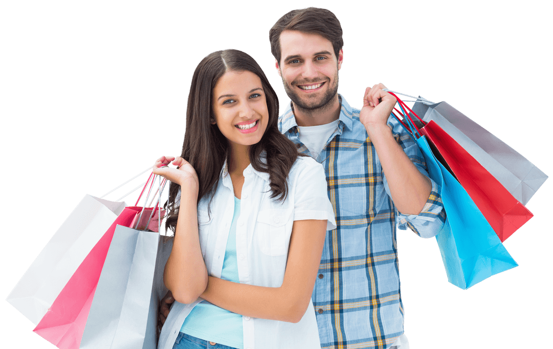 Happy Caucasian Couple with Shopping Bags on Transparent Background