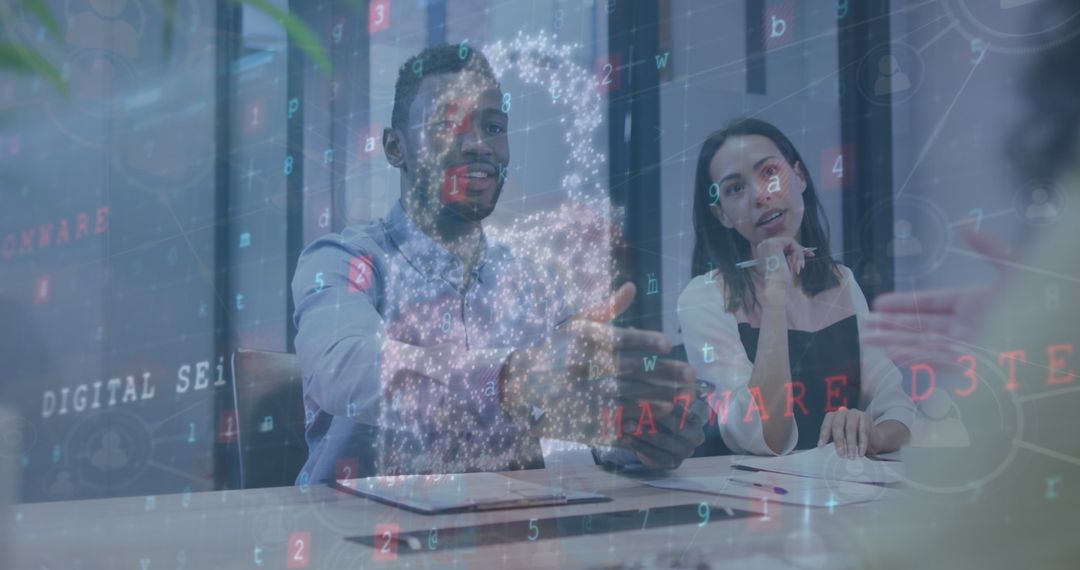 Diverse Team Discussing Ideas with Digital Overlay