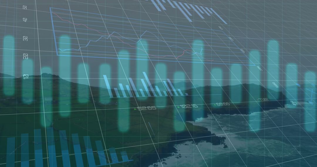 Futuristic Data Visualization on Natural Coastal Landscape