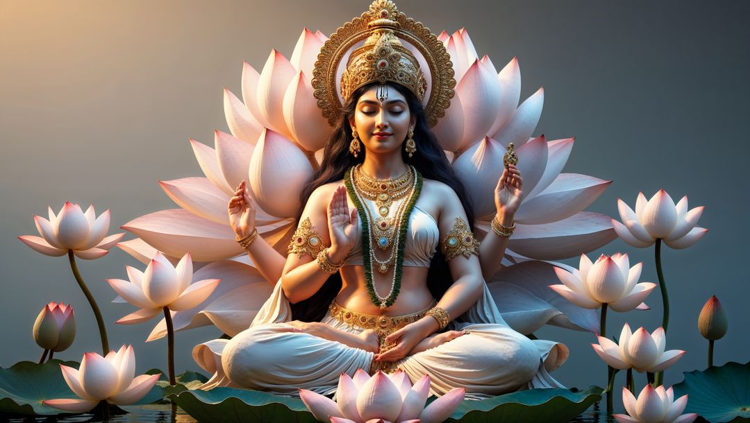 Hindu Goddess with Lotuses Radiating Calm and Spirituality