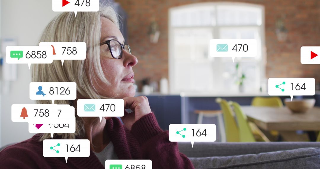 Contemplative Woman Engaged in Social Media Monitoring at Home