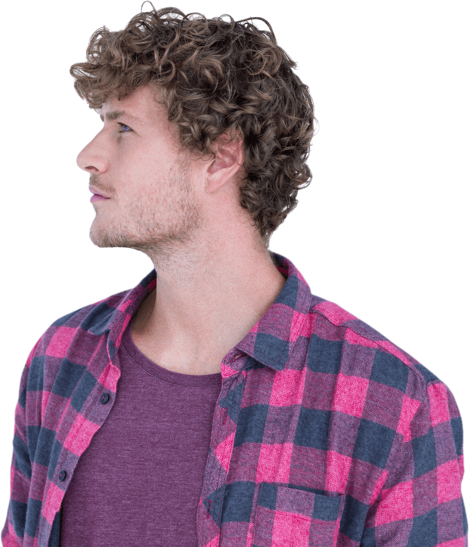 Curly Haired Man in Transparent Flannel Shirt Gazing Sideways